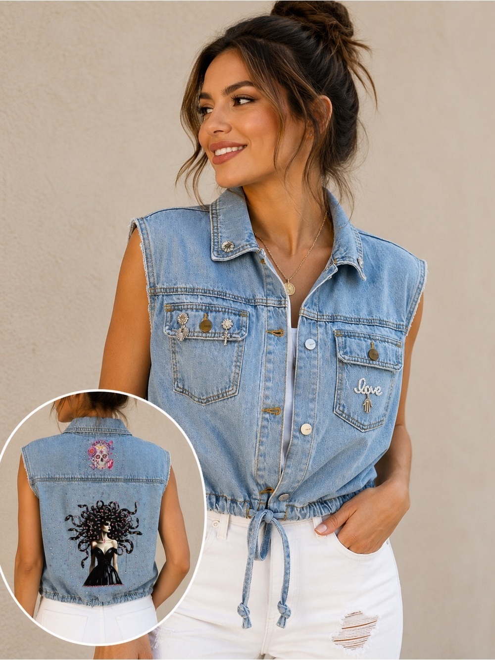 Embellished Light Wash Denim Vest Medusa Rhinestone Graphic, Upcycle Jacket - Picture 4 of 9